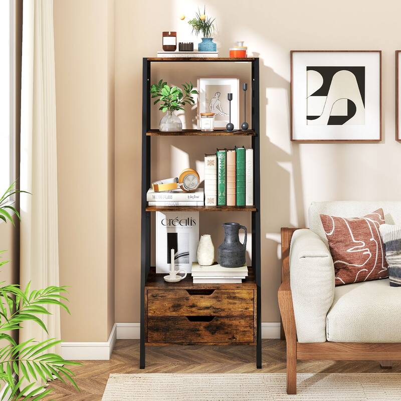 Gymax 4-tier Bookshelf w/ 2 Storage Drawers Sturdy Metal Frame