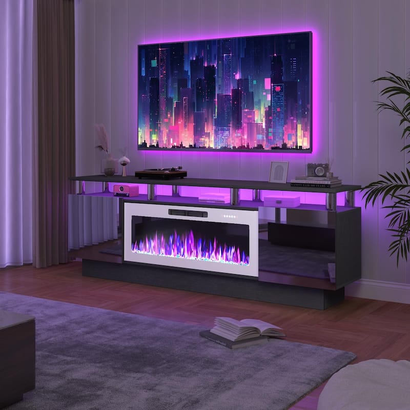 BOSSIN 70" Modern Electric Fireplace TV Stand, with Electronic Flame and LED Lights, High Gloss Finish Entertainment Center