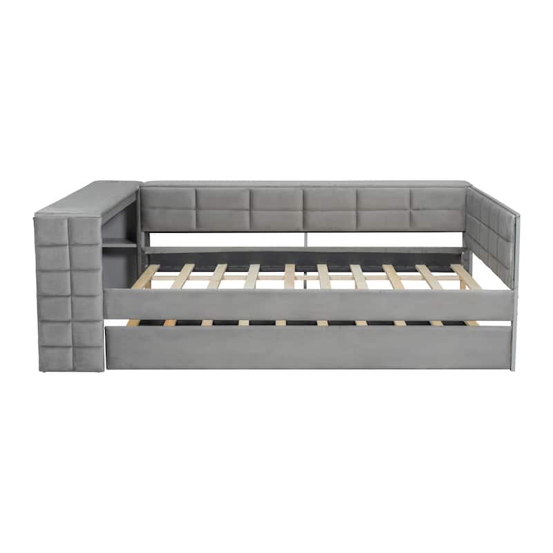 L-shaped Bed Frame with Desk,Shelves,Charging Station,and Optional Upholstered Sofa Bed with Trundle or Wood Daybed with Drawers
