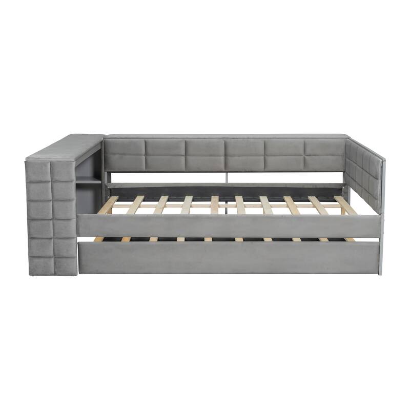 Roomfitters Full Size Upholstered Platform Bed with Built-in Desk, Storage Shelves, Charging Station and Pull-Out Trundle