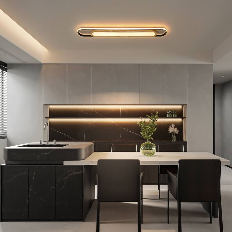 39.3" Modern Black Cylinder Long Strip Wood Integrated LED Flush Mount Light - 39.3 in. W