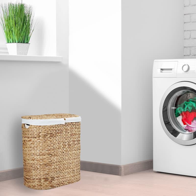 Seville Classics Hand Woven Natural Wicker Water-Hyacinth Lidded Oval Double Laundry Hamper