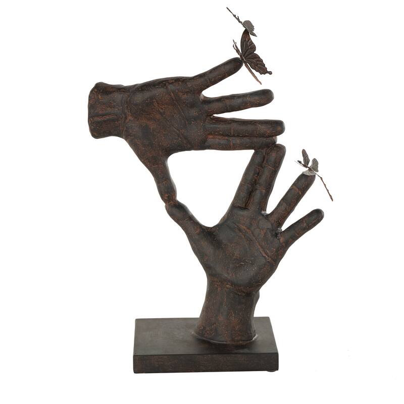 Dark Brown Polystone Sign Hands Decorative Sculpture with Butterrfly Accents