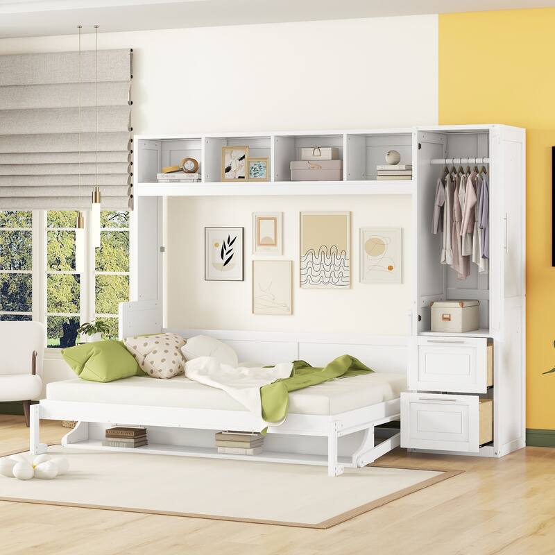 Queen Size Wall Bed with Closet, Drawers, and Space-Saving Design - White