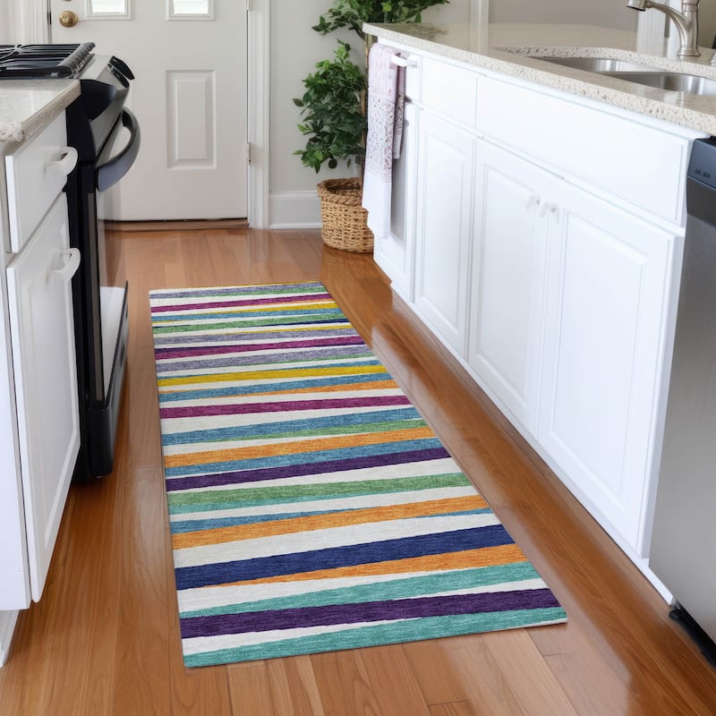 Machine Washable Indoor/ Outdoor Modern Stripes Chantille Rug - White - 2'3" x 7'6"
