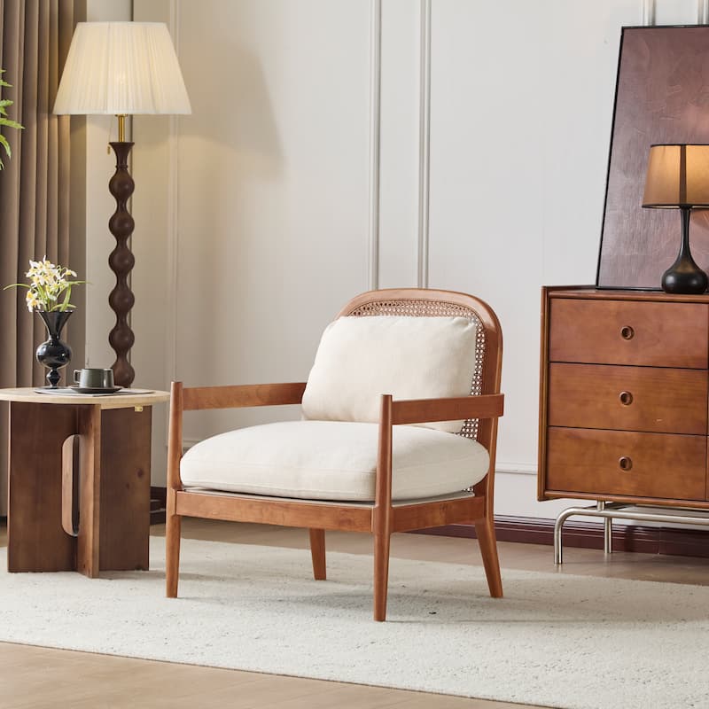 26.6" Solid Wood Accent Chair with Rattan Backrest, Cushioned Seat, Stylish Armchair for Living Room, Reading Nook, Set of 2