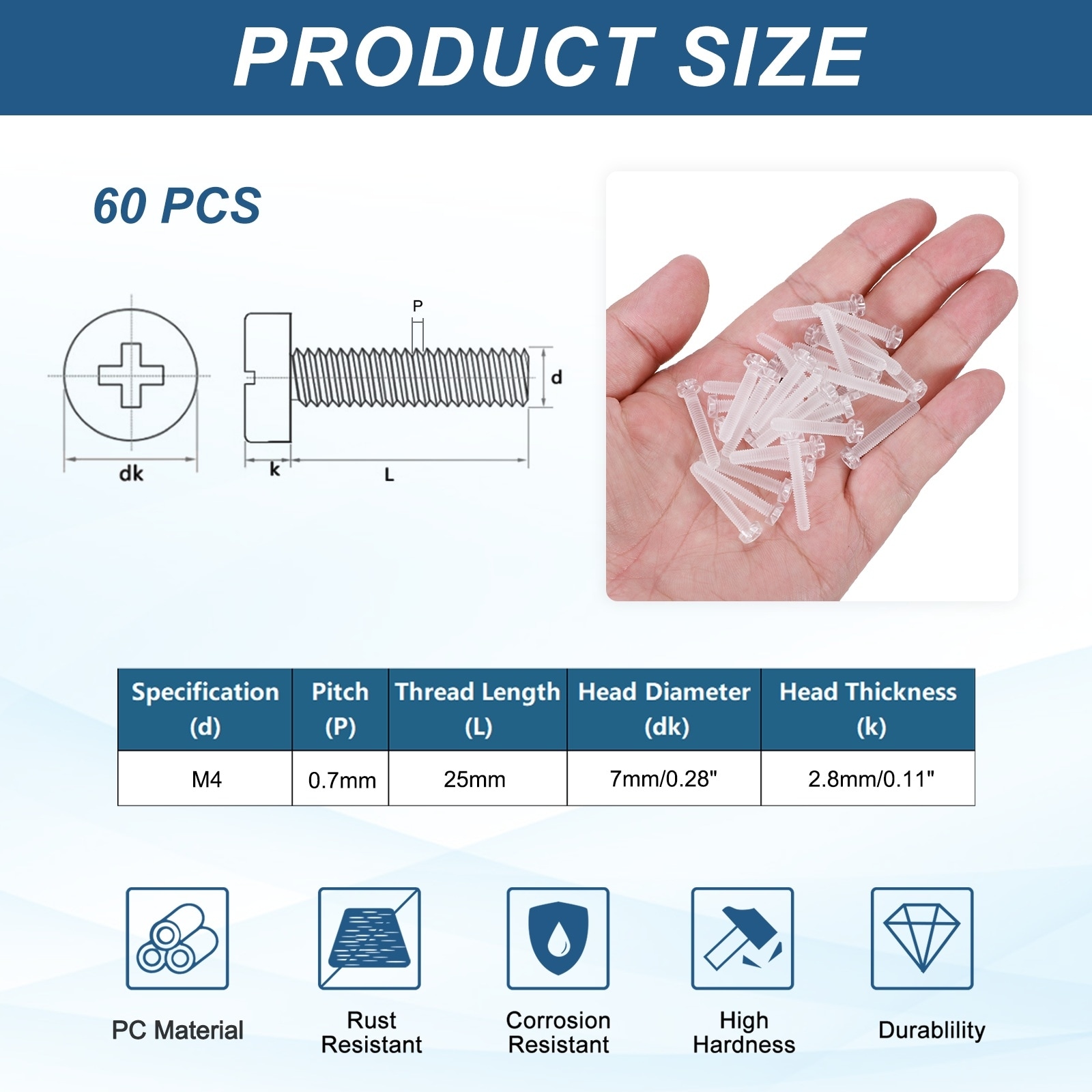 Clear PC Plastic Self-tapping Screw, Phillips Round Head Bolts for Machine Accessories, Transparent