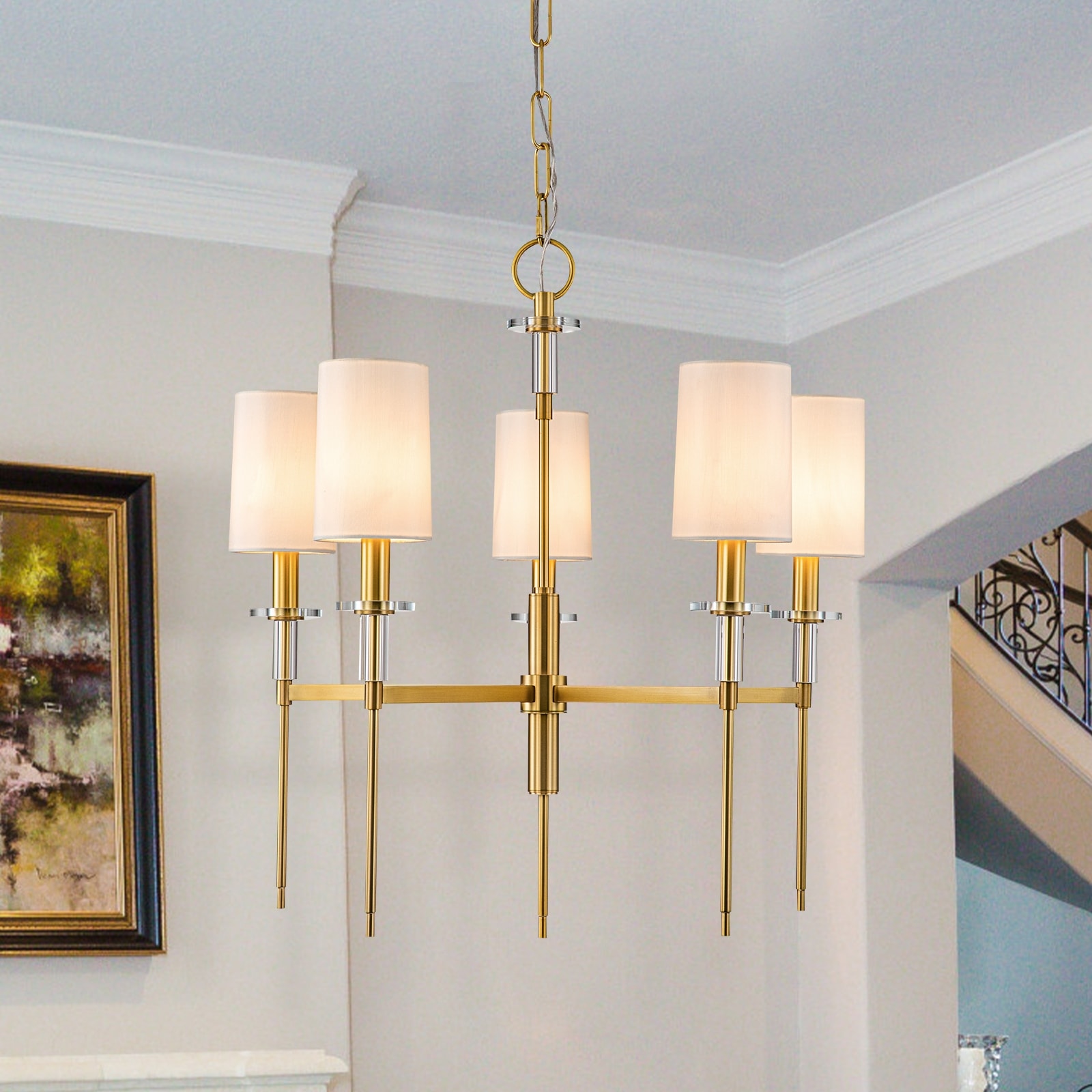 5-Light Fabric Shade Brass Chandelier with Crystal Accents