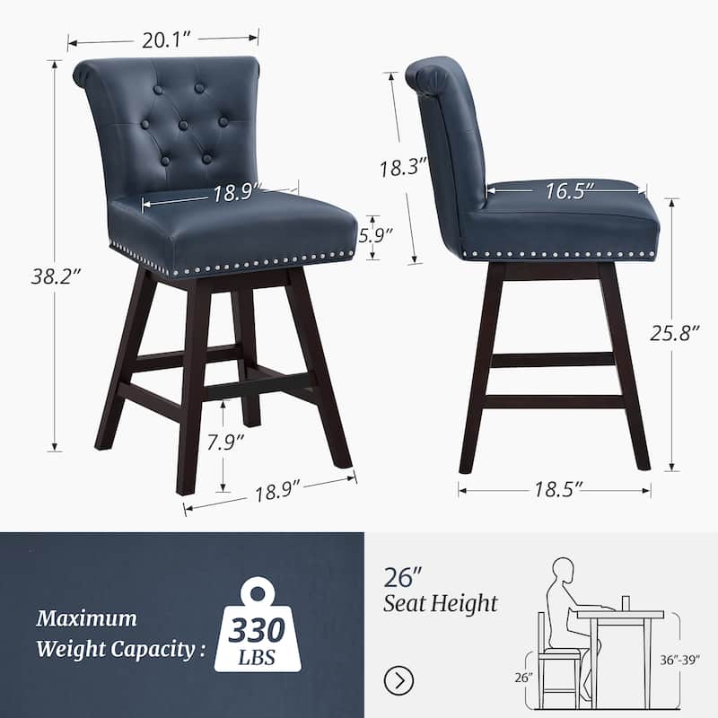 26 in. Set of 4 Bar Stools Counter Height Barstool 360° Swivel with Curved Backrest,Armless Stool
