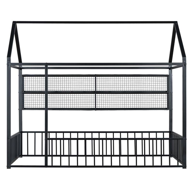 Twin Size Metal House Bed Frame with Playful Design, Fence, and Four Convenient Storage Shelves for Kids' Rooms