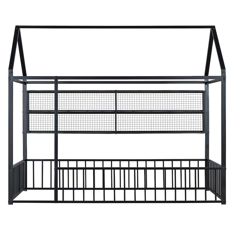 Twin Size Metal House Platform Bed Frame with Storage Shelves,Fence and Shelves