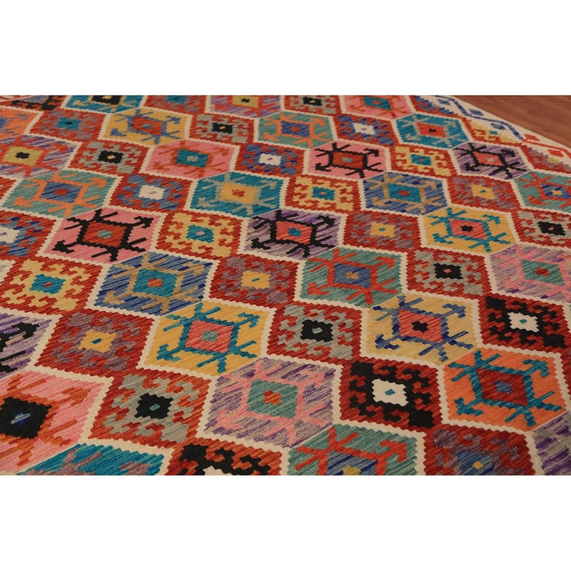 Geometric Kilim Oriental Area Rug Hand-Woven Multi-Color Wool Carpet - 8'9"x 9'7"