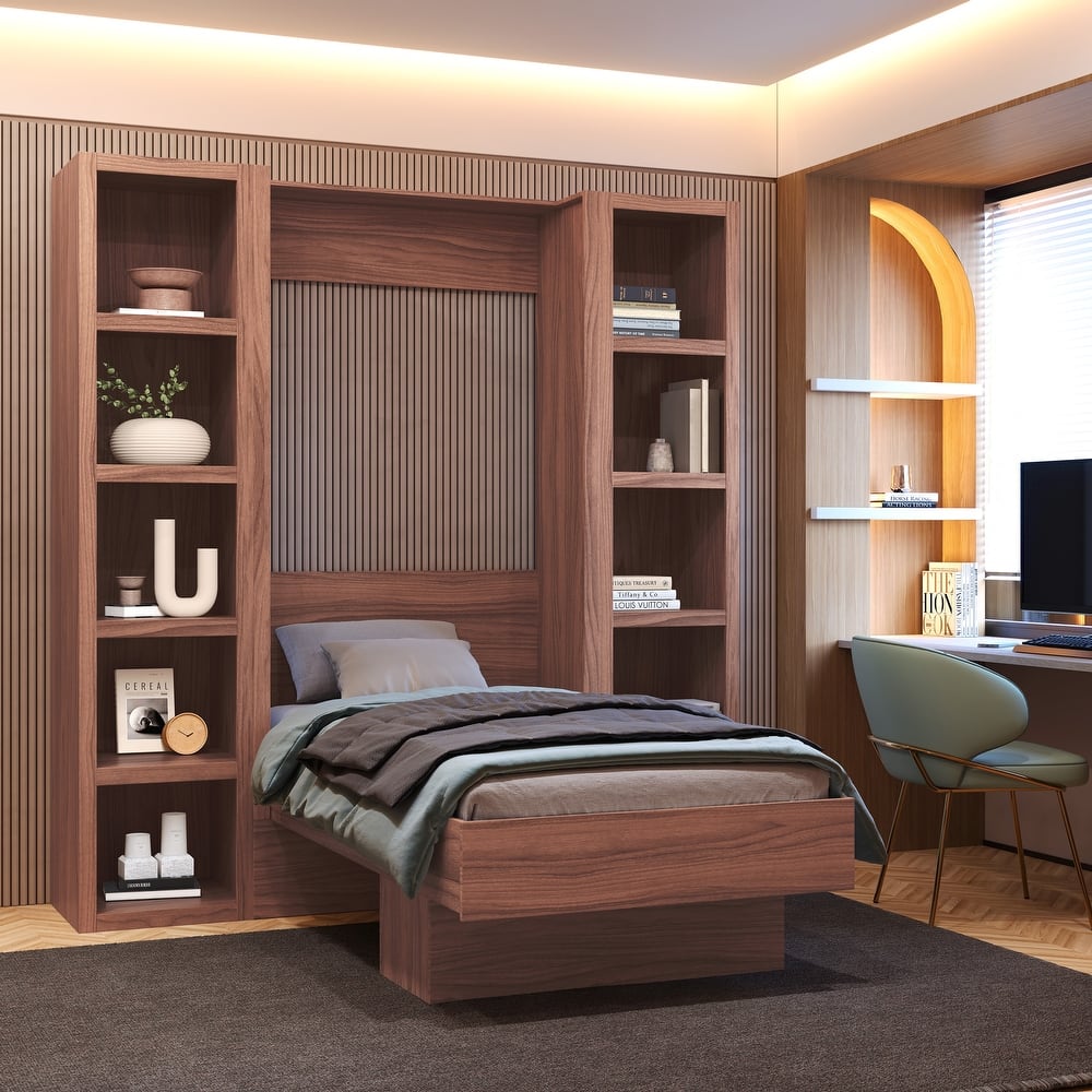 Easy-Lift Twin Murphy Wall Bed with Two Bookshelves
