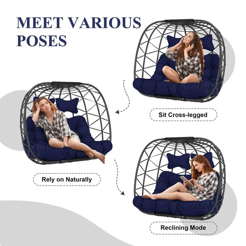 Oversized Outdoor Double Hanging Egg Chair with Cushions, 700 lbs Capacity Swing Chair for Indoor or Patio