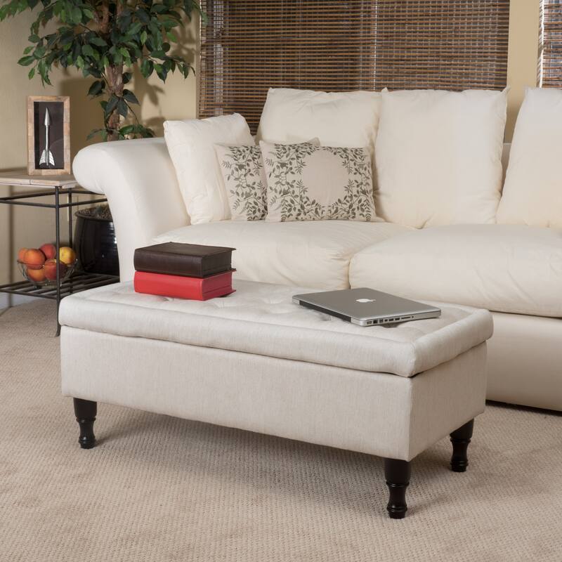 Roomfitters Upholstered Storage Bench with Hinged Lid and Turned Wood Legs, Accent Seating for Entryway or Bedroom
