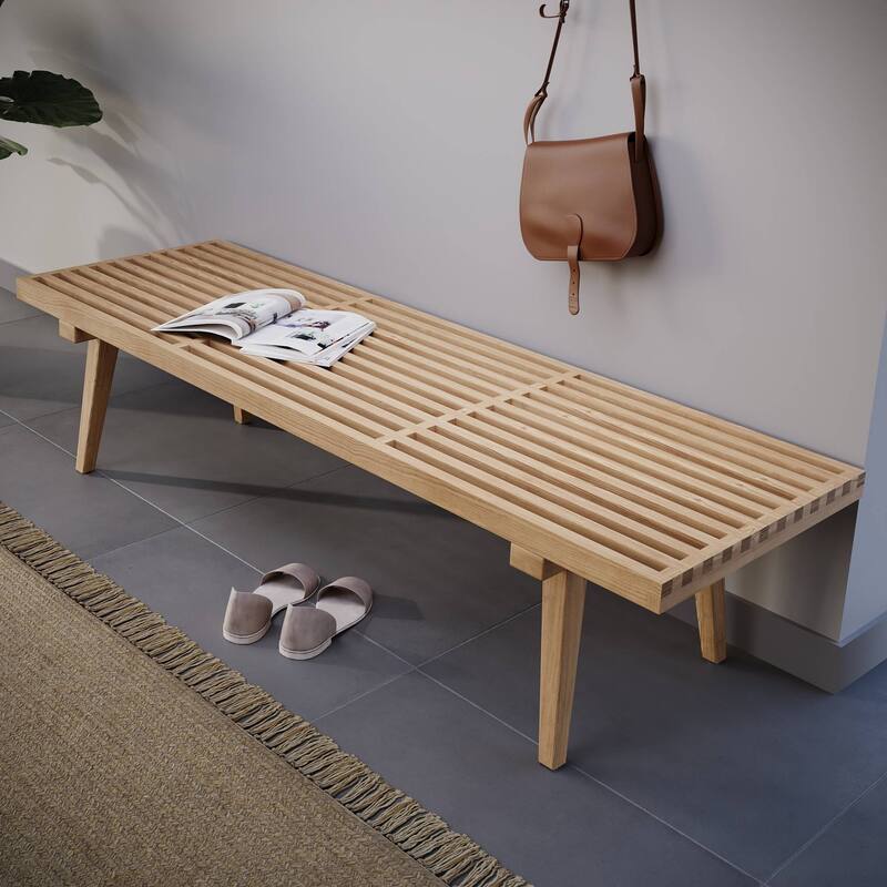 60" Solid Wood Platform Bench Rubberwood Rectangular Entryway Vanity Bench with Slatted Design for Home Office Living Room