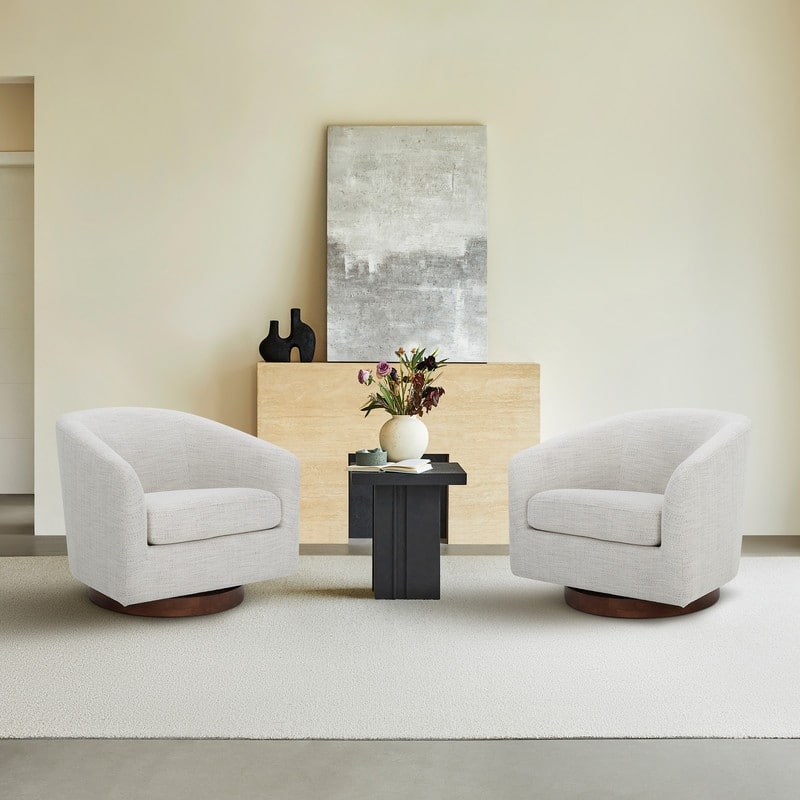 Spruce & Spring 360° Swivel Accent Chair with Solid Wood Base and Padded Seat - Set of 2 - Ivory White-Fabric