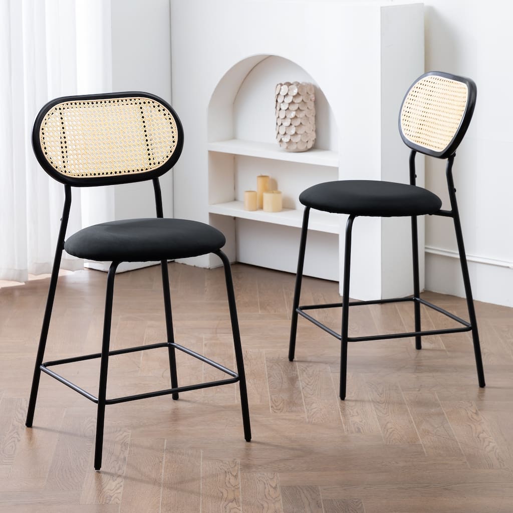 24 in. Rattan Counter Height Bar Stools with Faux Leather Seat (set of 2)