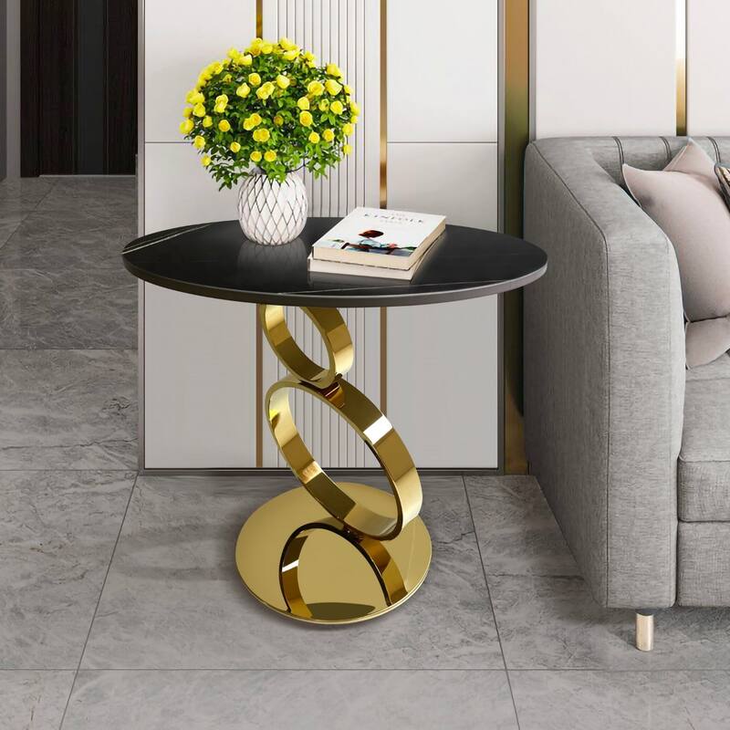 Stone Round End Table with Stainless Steel Pedestal Base - 21.6” x 21.6” x 20.9” (D x W x H)