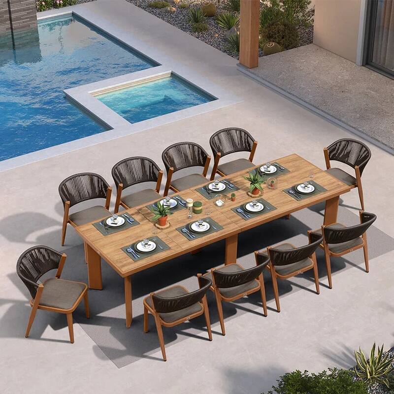 PURPLE LEAF Outdoor Dining Set Teak Aluminum Patio Furniture Set Dining Table And Wicker Chairs - Updated Brown (10 people, rectangular)