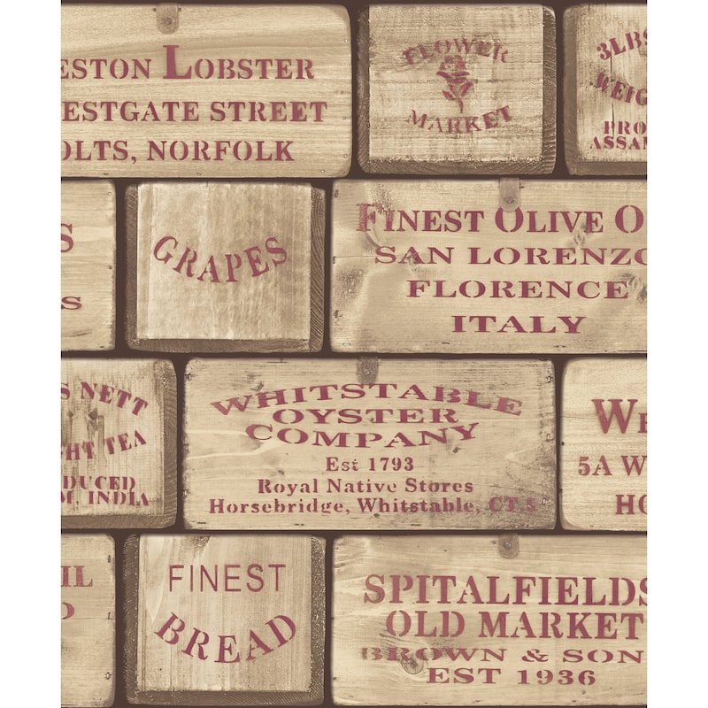 Galerie Wallcoverings Kitchen Food Label Boxes Vinyl on Non-woven Matte Wallpaper Roll - 33 feet x 21 inches - Brown/Red