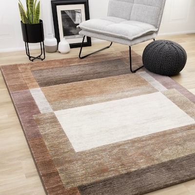 Amelia Collection - Dense Layered Blocks Brown Cream Grey Area Rug
