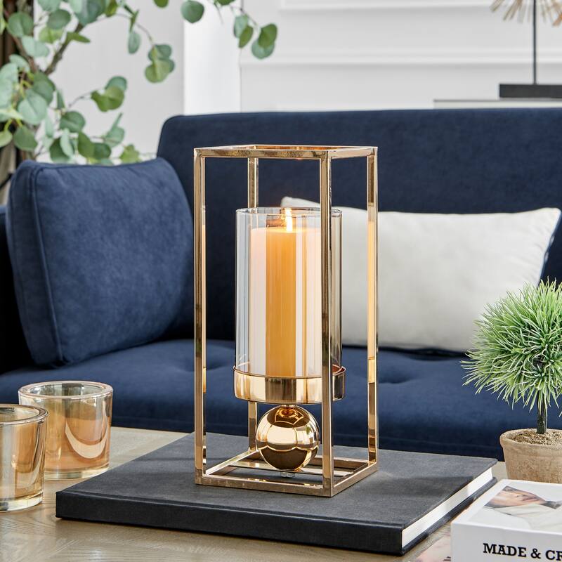 Large Pillar Candle Holder with Glass Hurricane - 11.75" - Gold