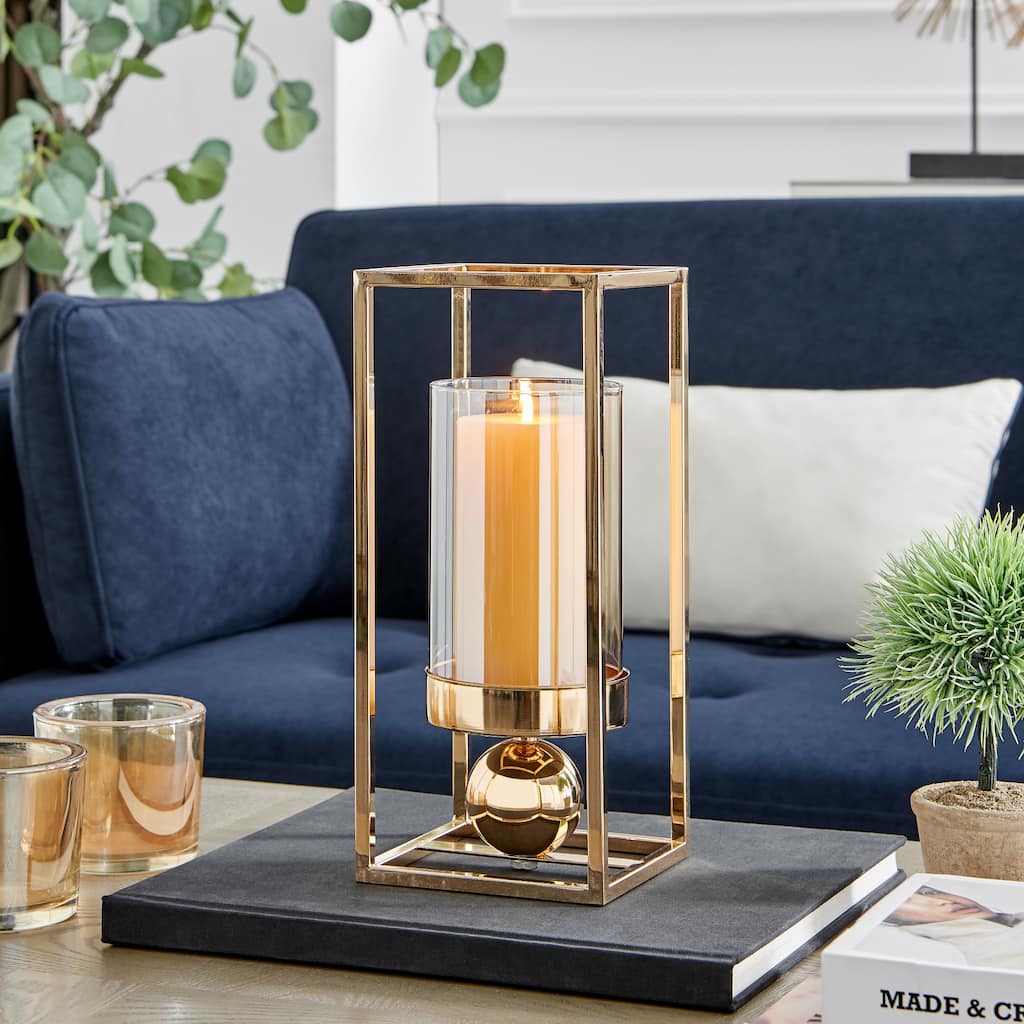 Large Pillar Candle Holder with Glass Hurricane - 11.75" - Gold