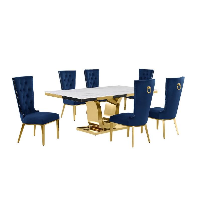 Best Quality Furniture D321-SC334-7 Dining Set with 78" White Marble Top