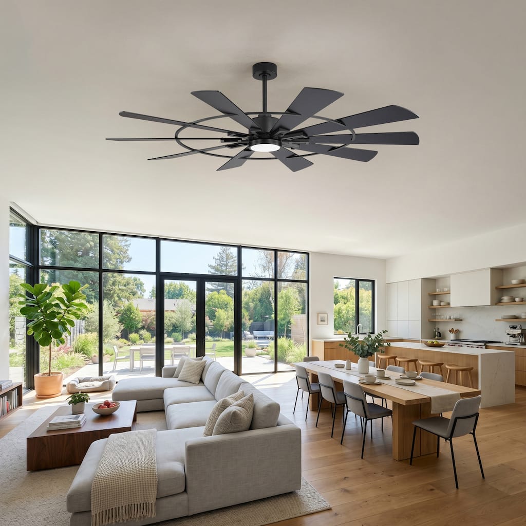62 in Ceiling Fan with Light, 10 Black Walnut Plywood Blades, Dimmable Acrylic Shade, Quiet DC Motor