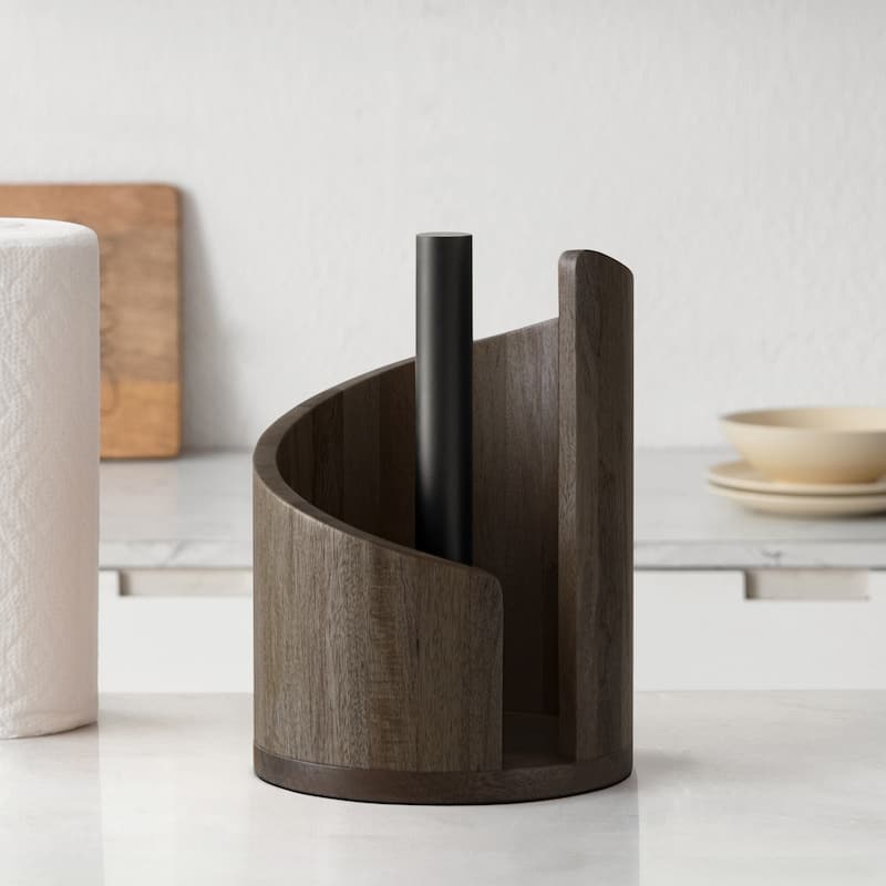 Jani Wooden Paper Towel Holder Stand with Mango Wood Base and Metal Rod - Durable Countertop Kitchen Organizer for Roll Storage - Chocolate