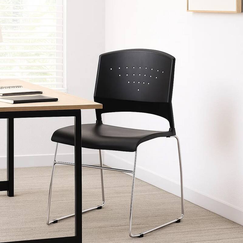 Reception Stackable Guest Chair, Black Open Back, Chrome Sled Base