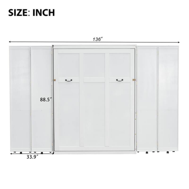 White Queen Murphy Bed with Storage Doors, Space-Saving Wall Bed