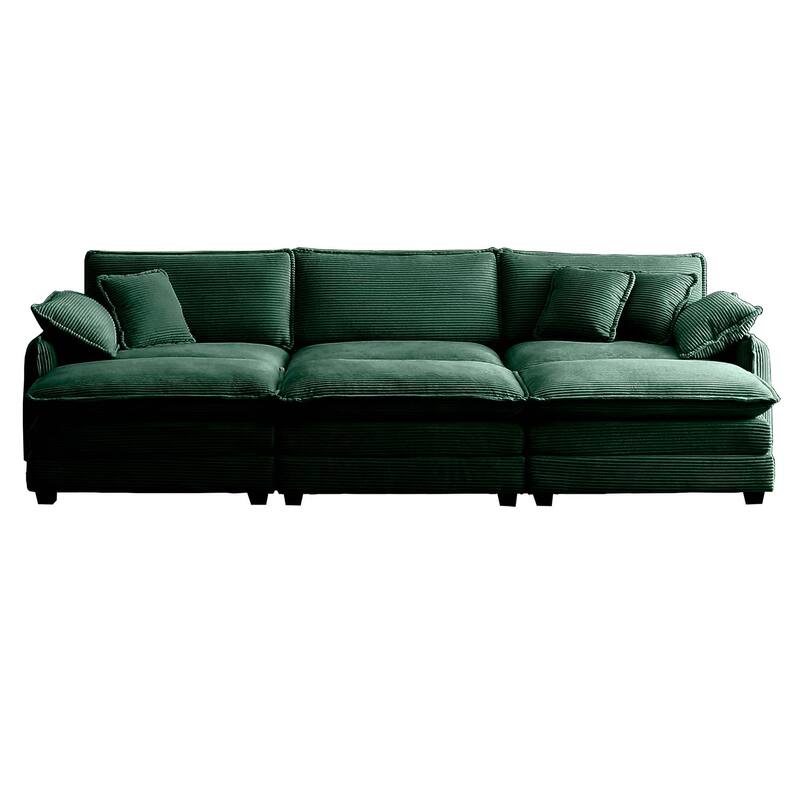 Green 6-piece Corduroy Upholstered Modular Sleeper Sectional Sofa with 3 Removable Ottoman and 5 Pillows, Free Combination