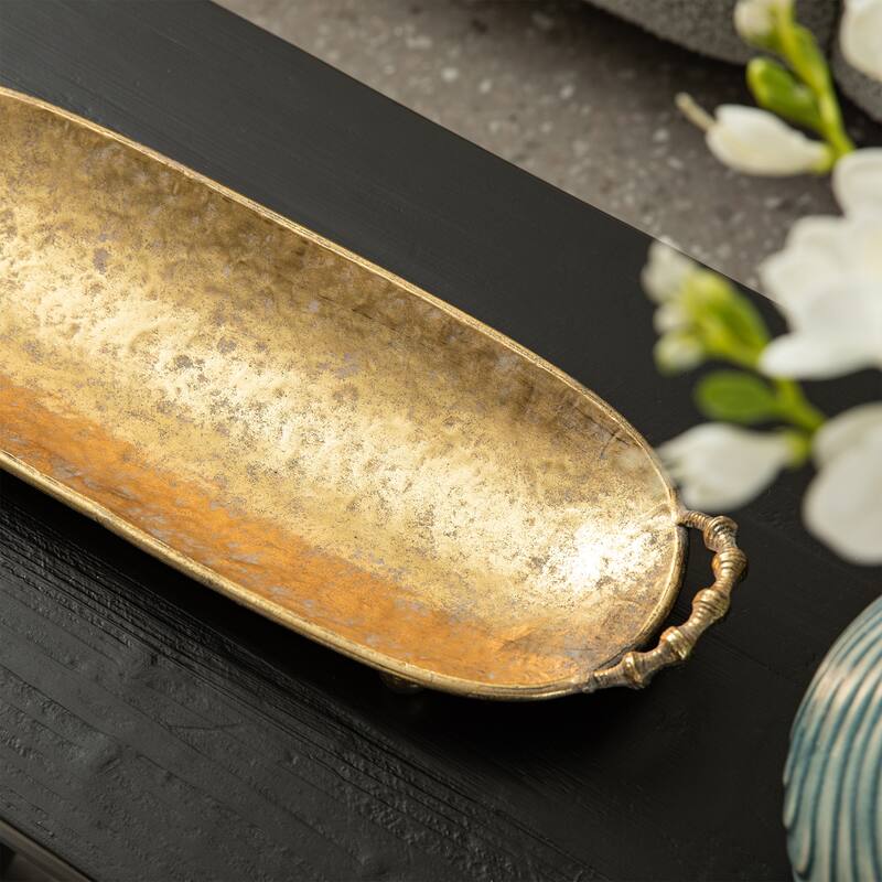 Glitzhome Set of 2 Rectangle Antique Wood Decorative Trays with Metal Handles