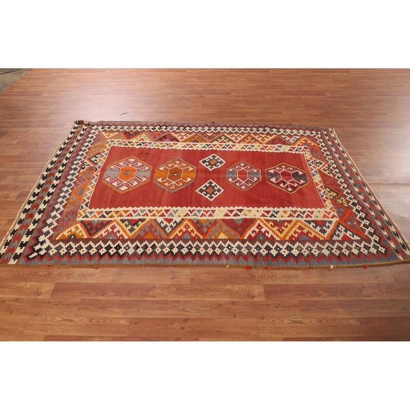 Kilim Qashqai Persian Vintage Rug Hand-Woven Orange Wool Carpet - 4'5"x 7'4"