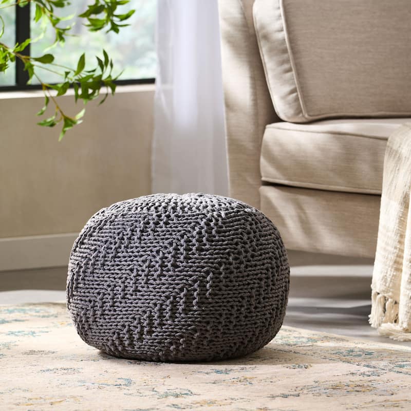 Barwick Indoor And Outdoor Knitted Round Pouf by Christopher Knight Home - Dark Grey