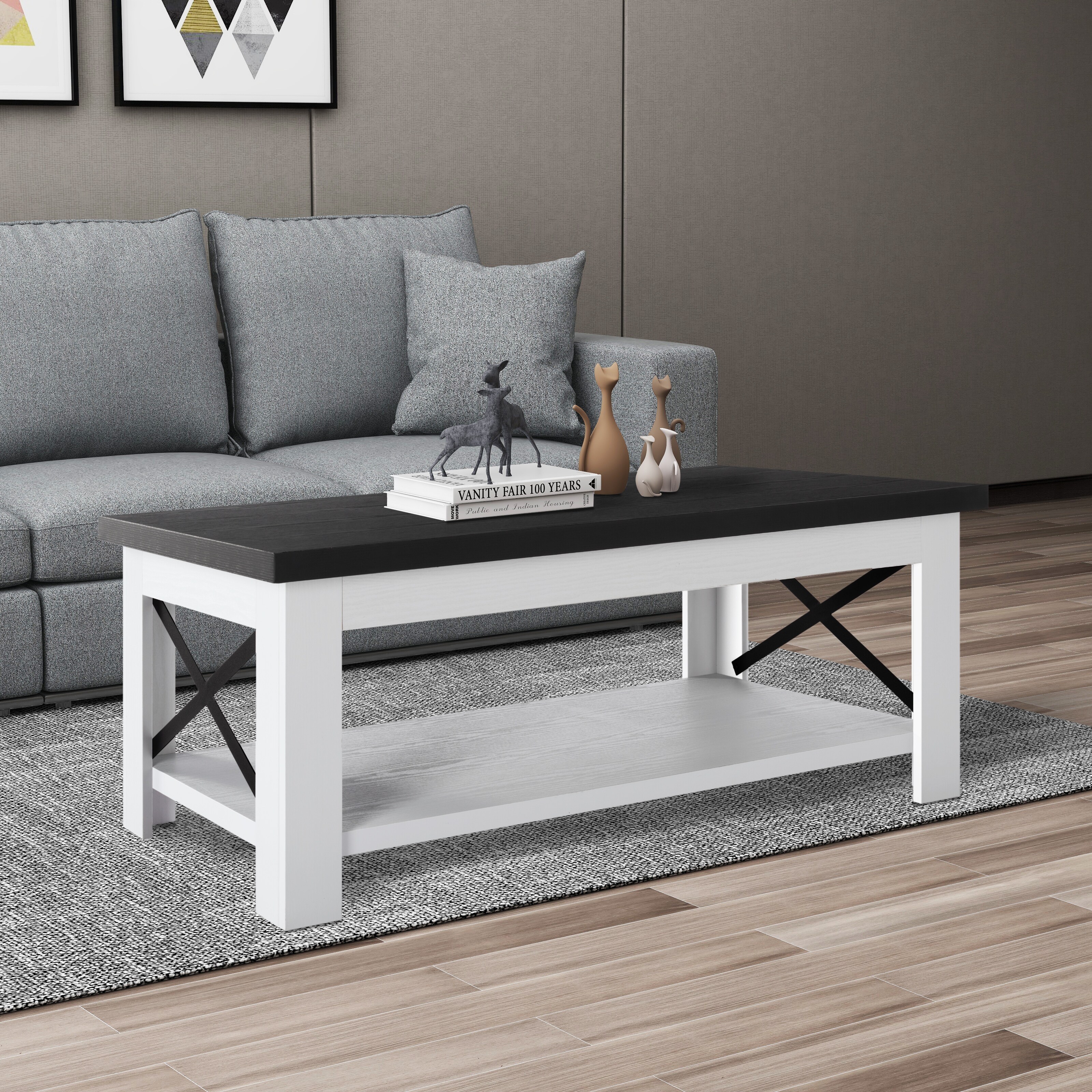 47.2" Rectangular Coffee Table,Table side with metal cross pattern.A bottom shelf provides additional storage