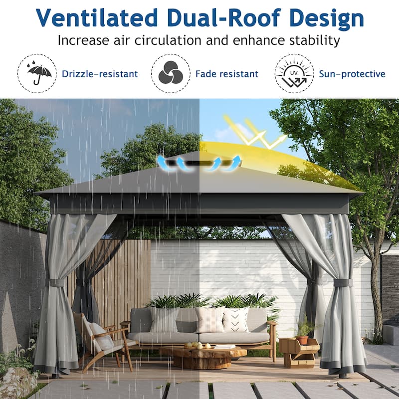 Patio Gazebo Tent with Double Roofs and Mosquito Netting for Backyard