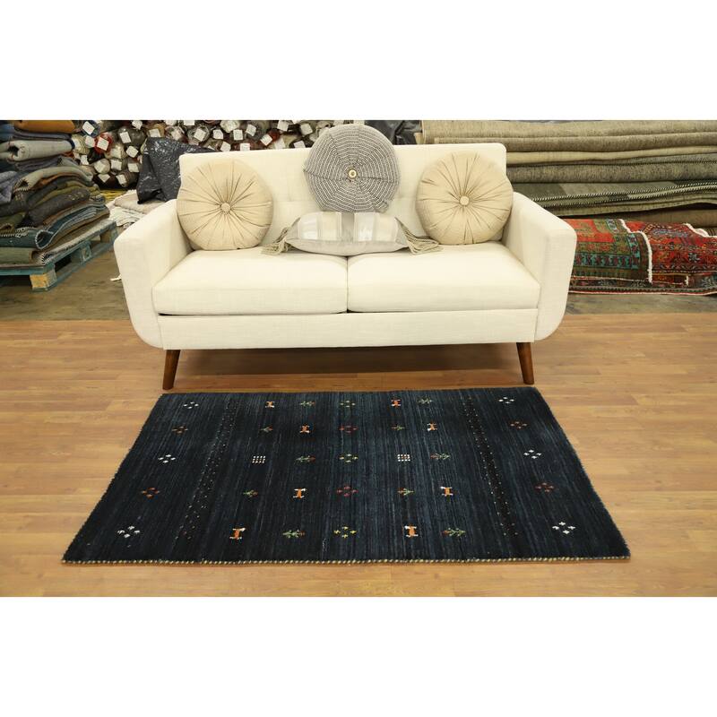 Hand Knotted Oriental 100% Wool Carpet Tribal Animal Pictorial Navy Blue & Blues Gabbeh Area Rug - 4' 10'' X 3' 0''