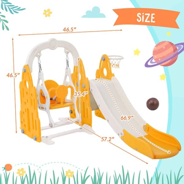 dimension image slide 1 of 2, 4 In 1 Toddler Slide And Swing Set Kids Freestanding Climber Slide Playset With Basketball Hoop Rocket Themed Slide