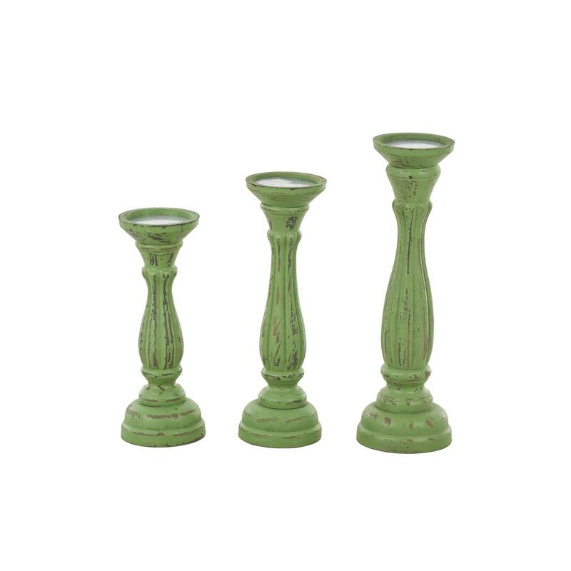 Wooden Distressed Turned Decorative Candle Holder - Set of 3 Gray, Brown, Blue, Green - Roche River Decor