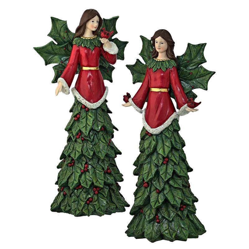 14" Resin Holly Angel Set of 2