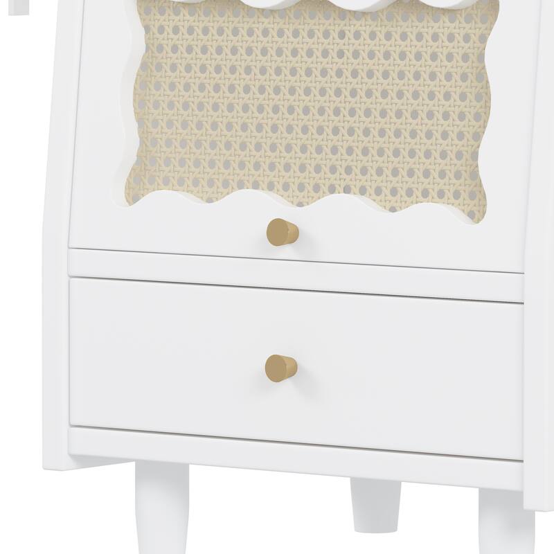 Wooden Nightstand with Flip-Top Cabinet and 1 Drawer, Bedside Tables with Rattan-Woven Storage Cabinet, for Bedroom