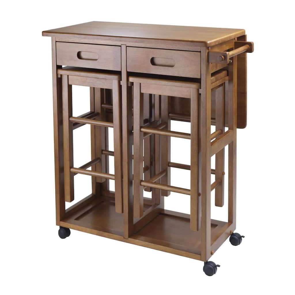 Retro Rolling Cart with Stools - Space Saving Bar Cart, Drop Leaf Table, Kitchen Dining Furniture