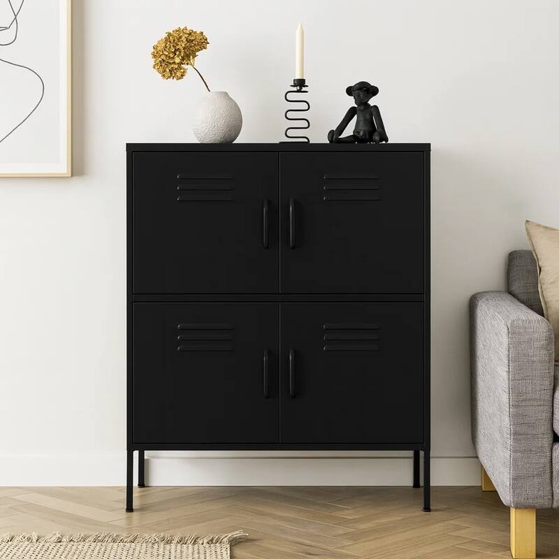 Black Steel Storage Cabinet, 4 Doors with 2 Adjustable Shelves