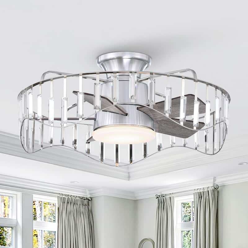 27" Modern Flush Mount Ceiling Fan Caged Crystal Fandelier Low Profile Ceiling Fan in Brushed Nicke