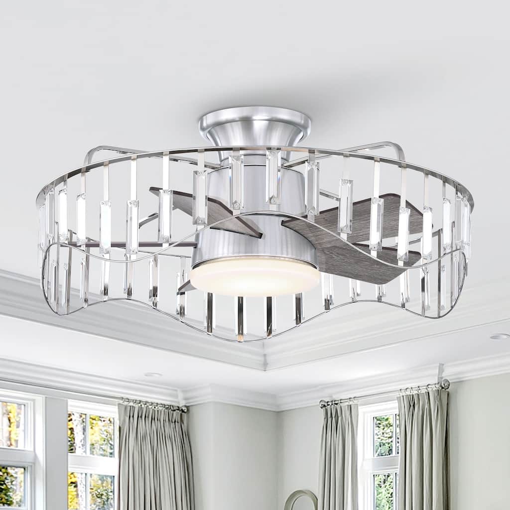 27" Modern Flush Mount Ceiling Fan Caged Crystal Fandelier Low Profile Ceiling Fan in Brushed Nicke