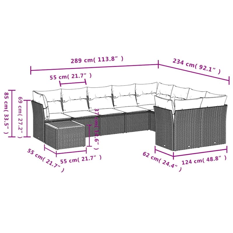 vidaXL Patio Sofa Set with Cushions Outdoor Furniture 10 Piece Poly Rattan - 24.4x 24.4x 27.2