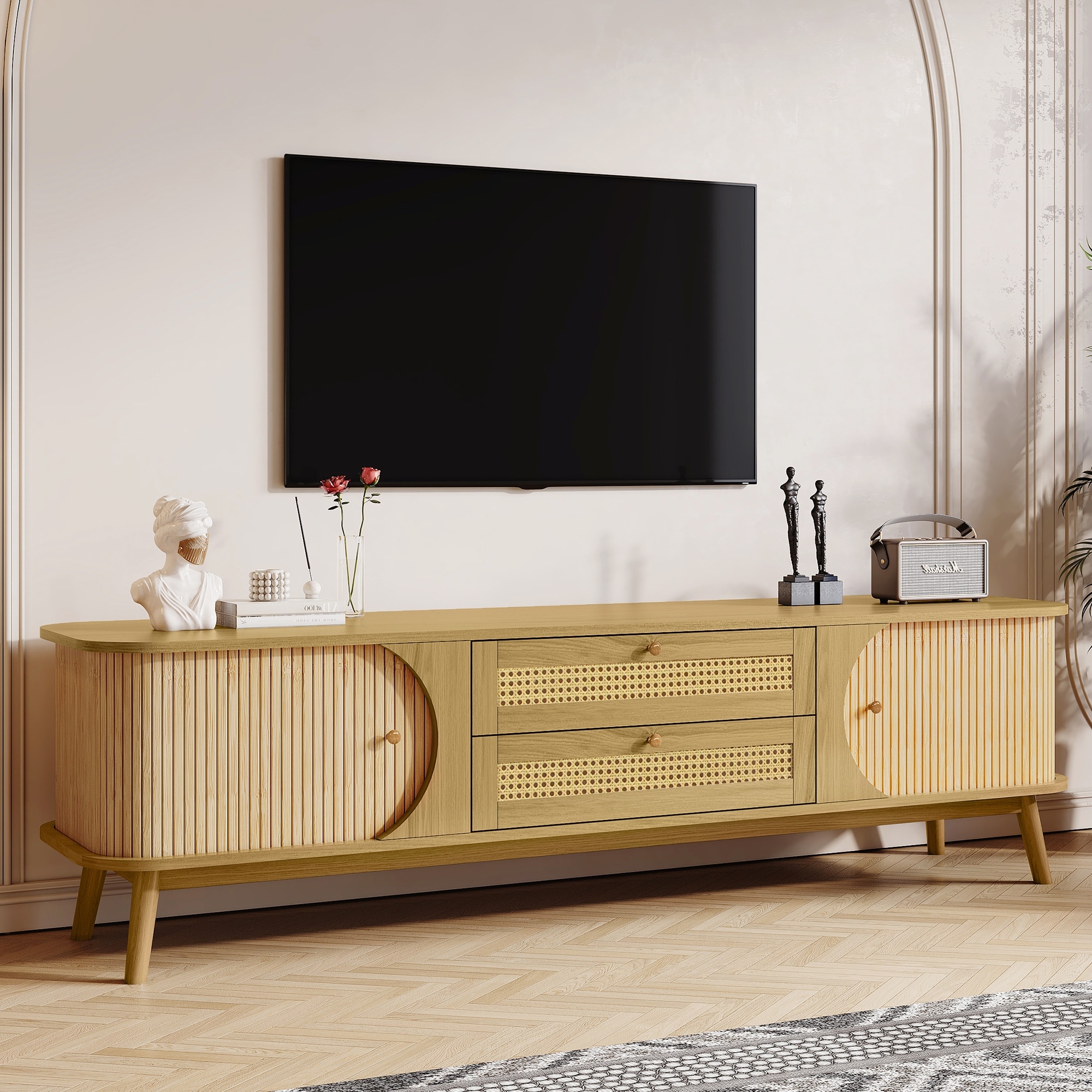 Farmhouse Rattan TV Stand Multi-functional Storage TV Stand, for TVs up to 75" with Sliding Doors, for Living Rooms